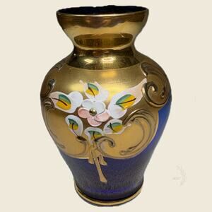 Vintage Bohemian Style Cobalt Blue Glass Vase Gold Gilt Floral